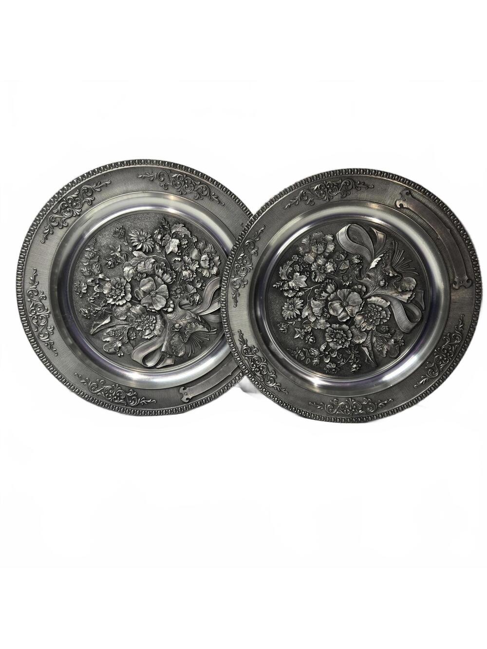 Pair of Vintage WMF Zinn German Pewter Floral Relief Wall Hanging Plates